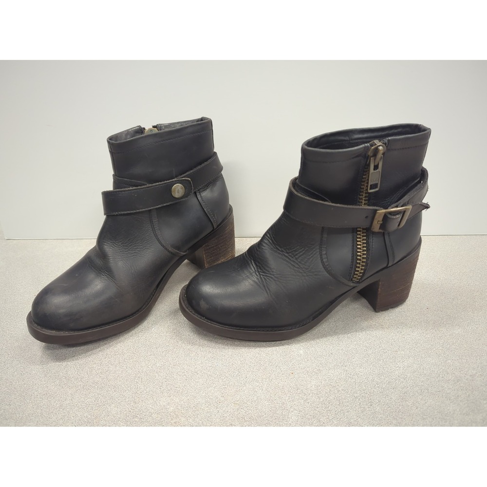 Black Leather Ankle Boots Block Heel Booties Wraparound Buckle Side Zip 8